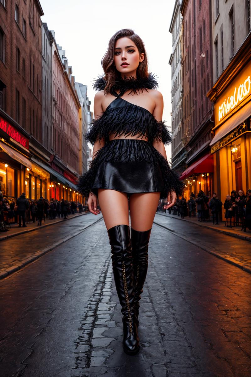 04314-901263088-4K, Masterpiece, highres, absurdres, edgNoire, a woman in a black dress with a feathered top and boots,wearing edgNoire, street.png